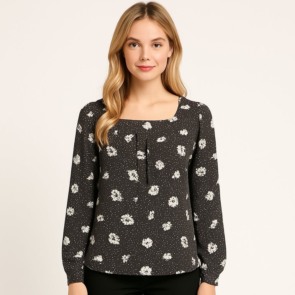 J. Crew Black White Floral Boho Long Sleeve Blouse Size Small